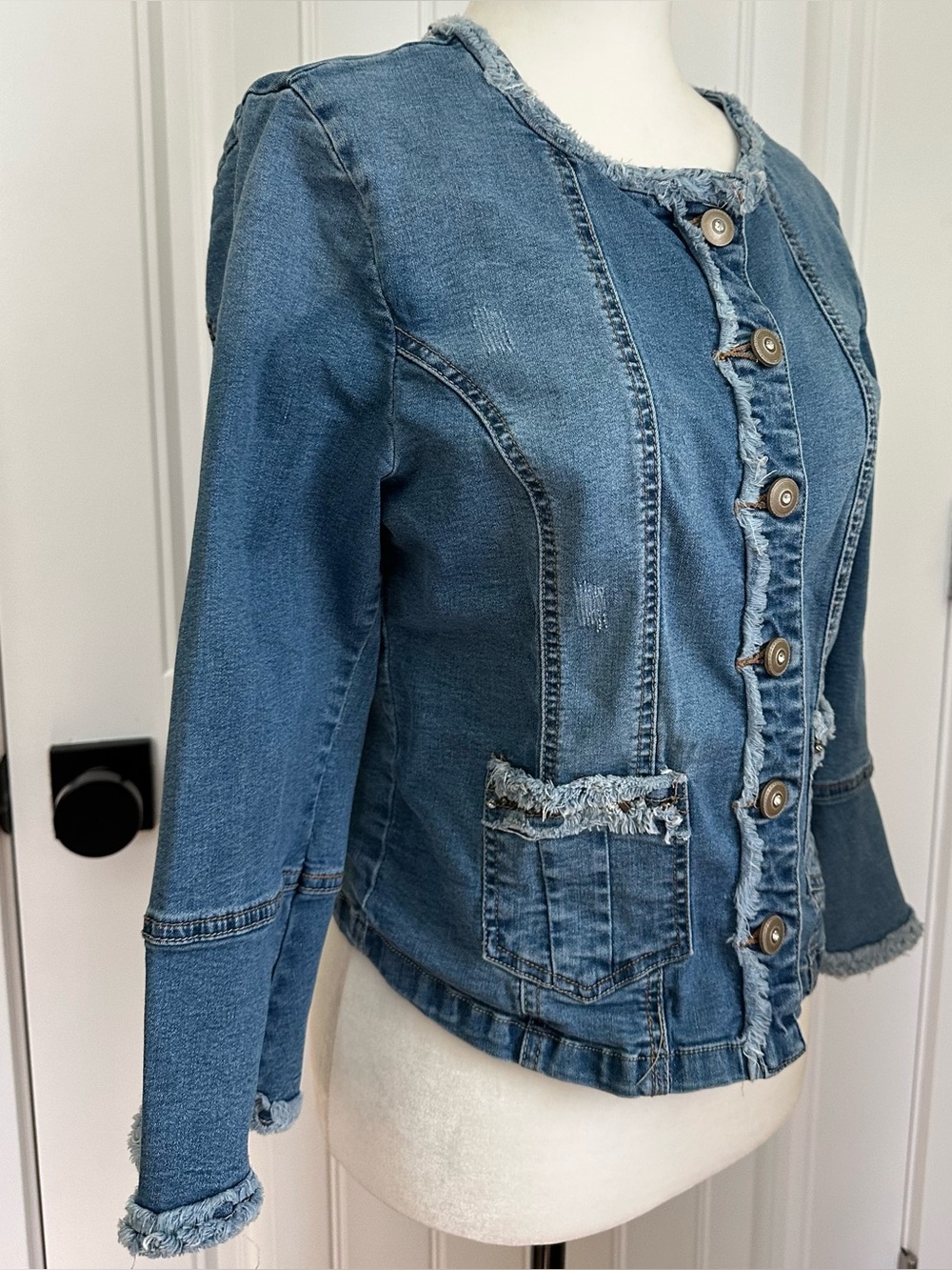 Frayed Jeweled Denim Jacket Women’s Size 40 Bell Sleeve